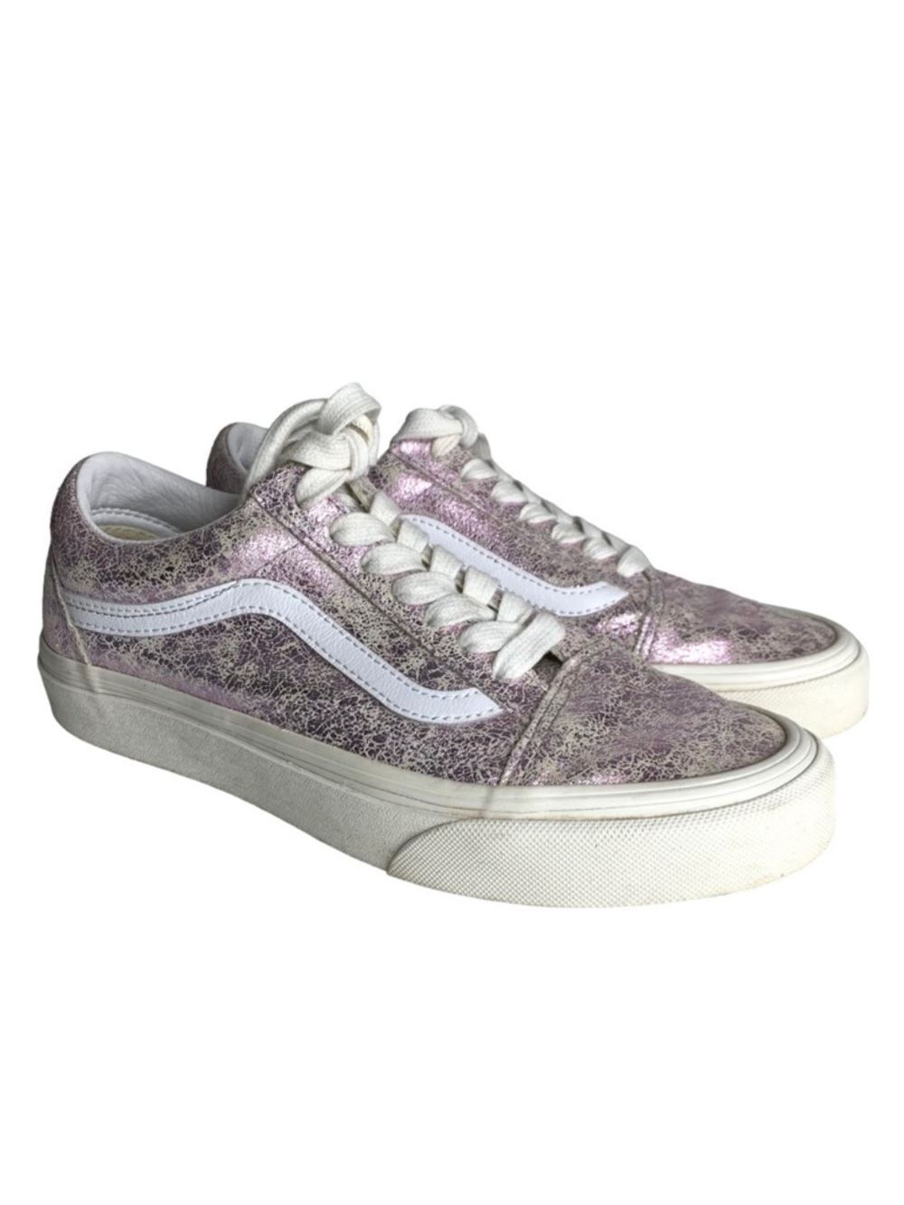 VANS Women 7.5 Old Skool Pink Cracked Shimmer‎ Leather Low Lace Up Sneaker Shoes